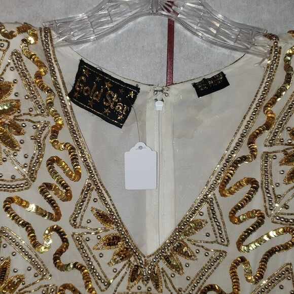 Gold Star Fringed Sequined Beaded Silk Cocktail Formal Dress - Picture 4 of 11